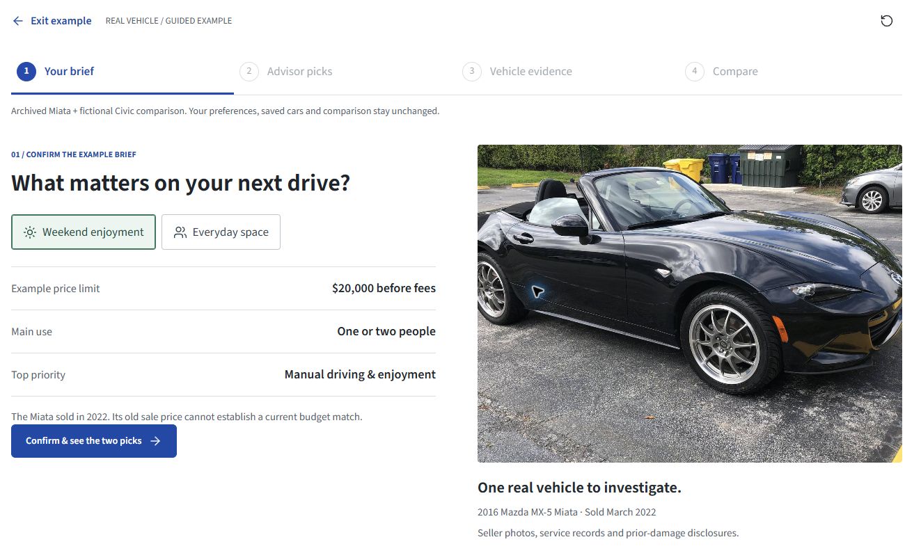The working prototype's editable example buying brief