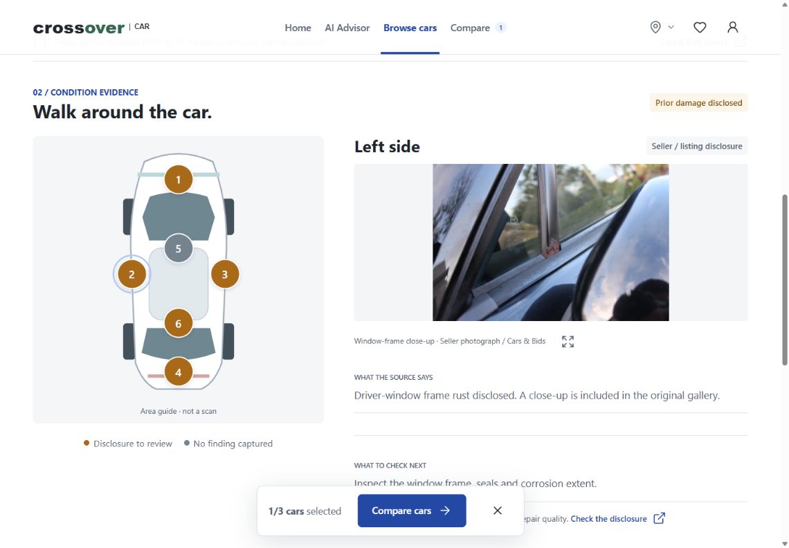 Vehicle body map beside a source photograph and seller disclosure