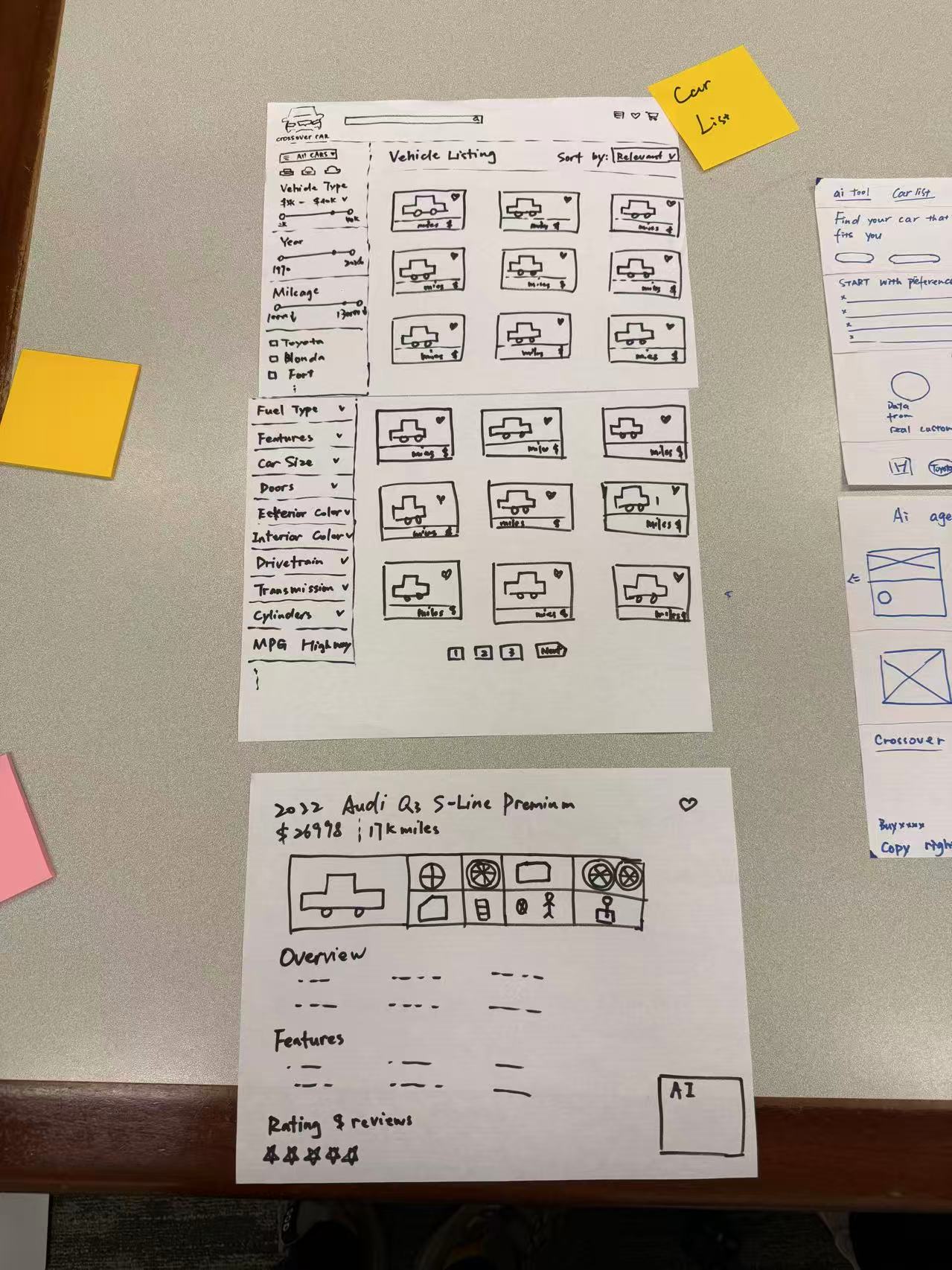 Early vehicle listing wireframe