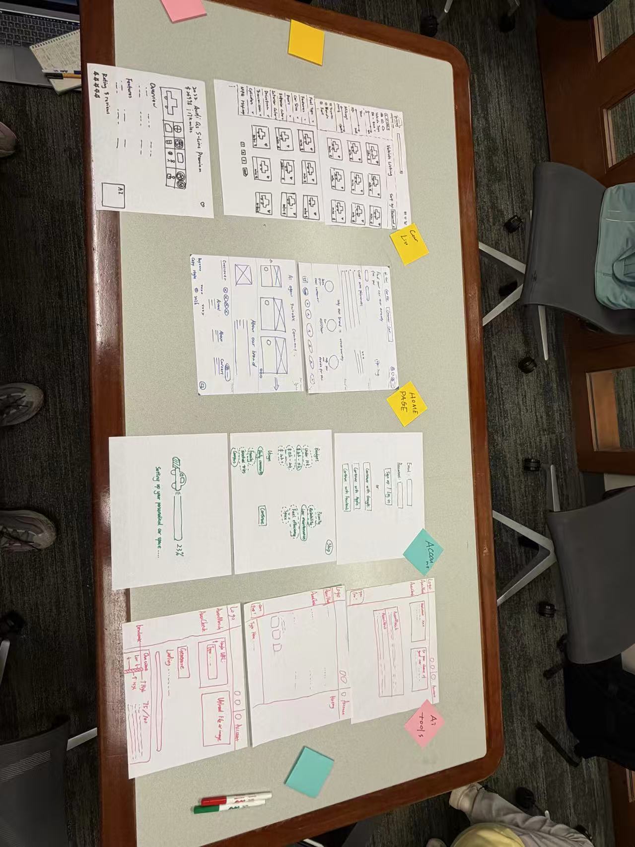 Early interface wireframes arranged on a table