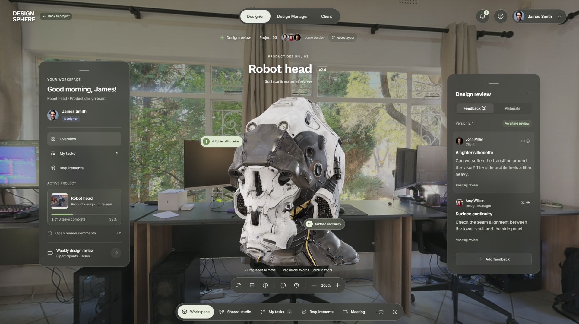 Design Sphere spatial workspace with a rotatable robot head, design feedback and material options