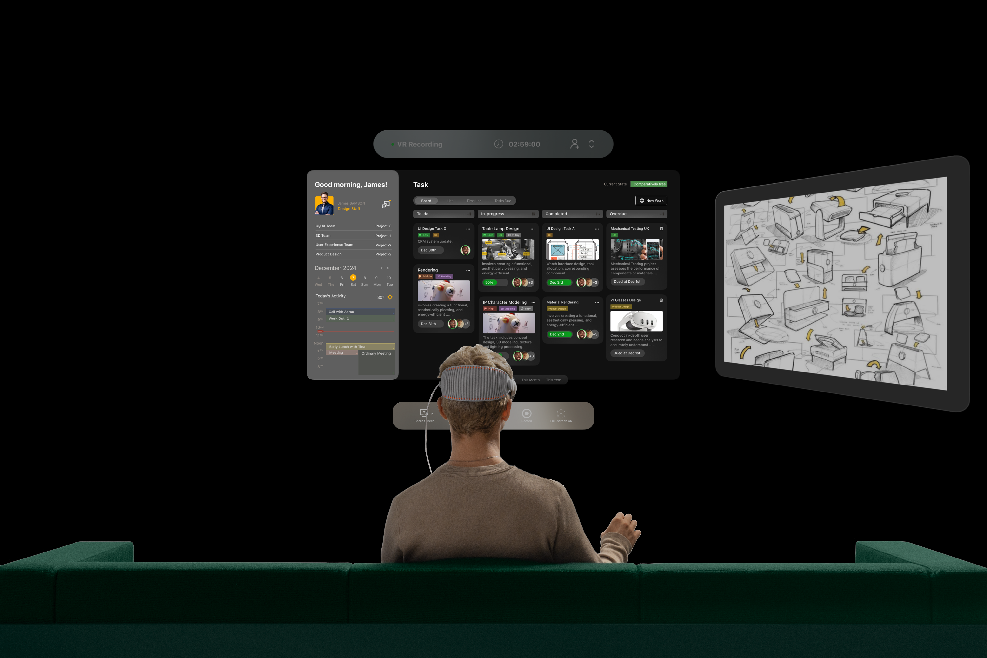 Designer in a VR workspace with a shared task board and product sketches