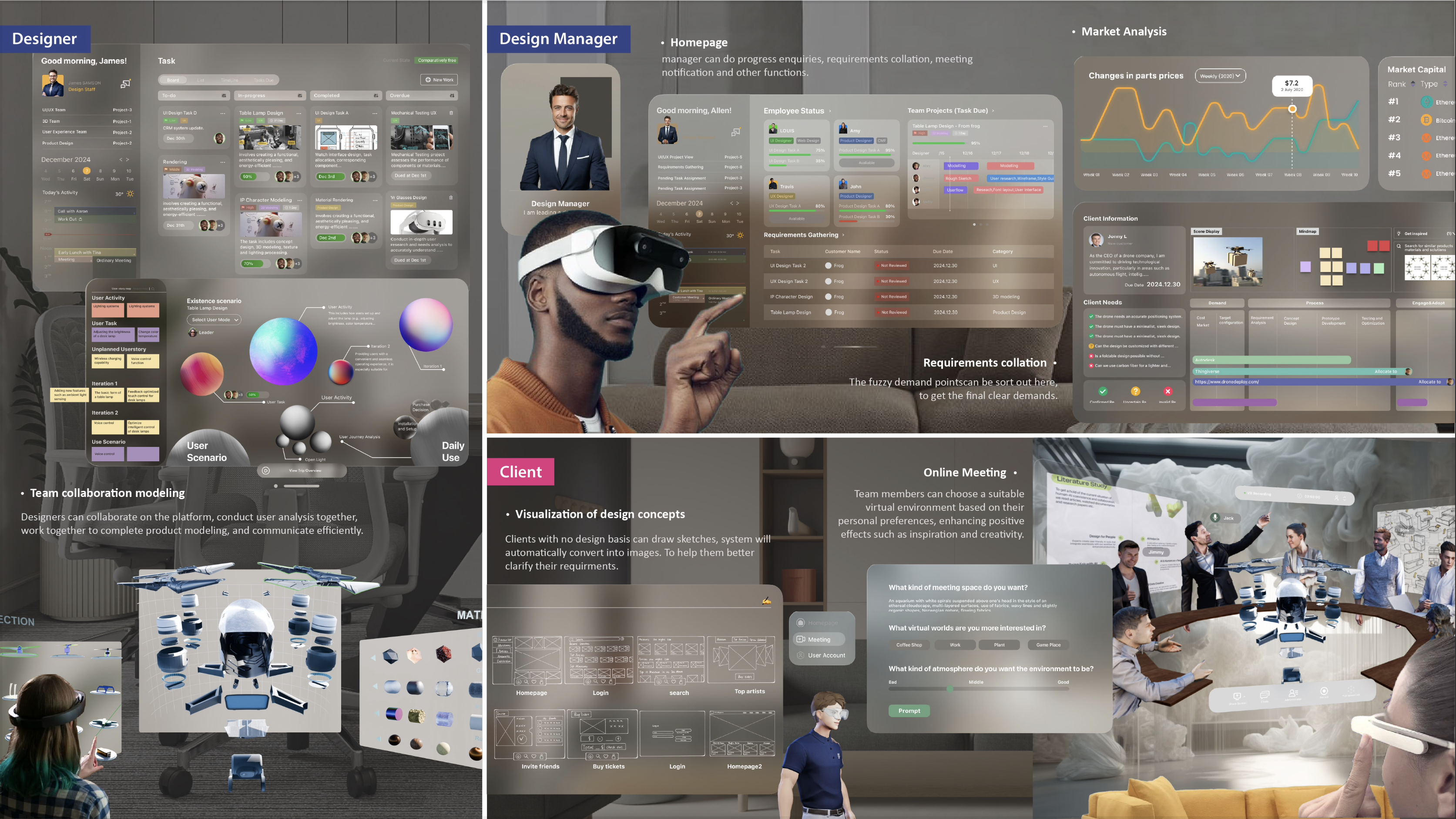 Complete Design Sphere solution: Designer creation hub, Design Manager dashboard, and Client review and virtual meeting interfaces