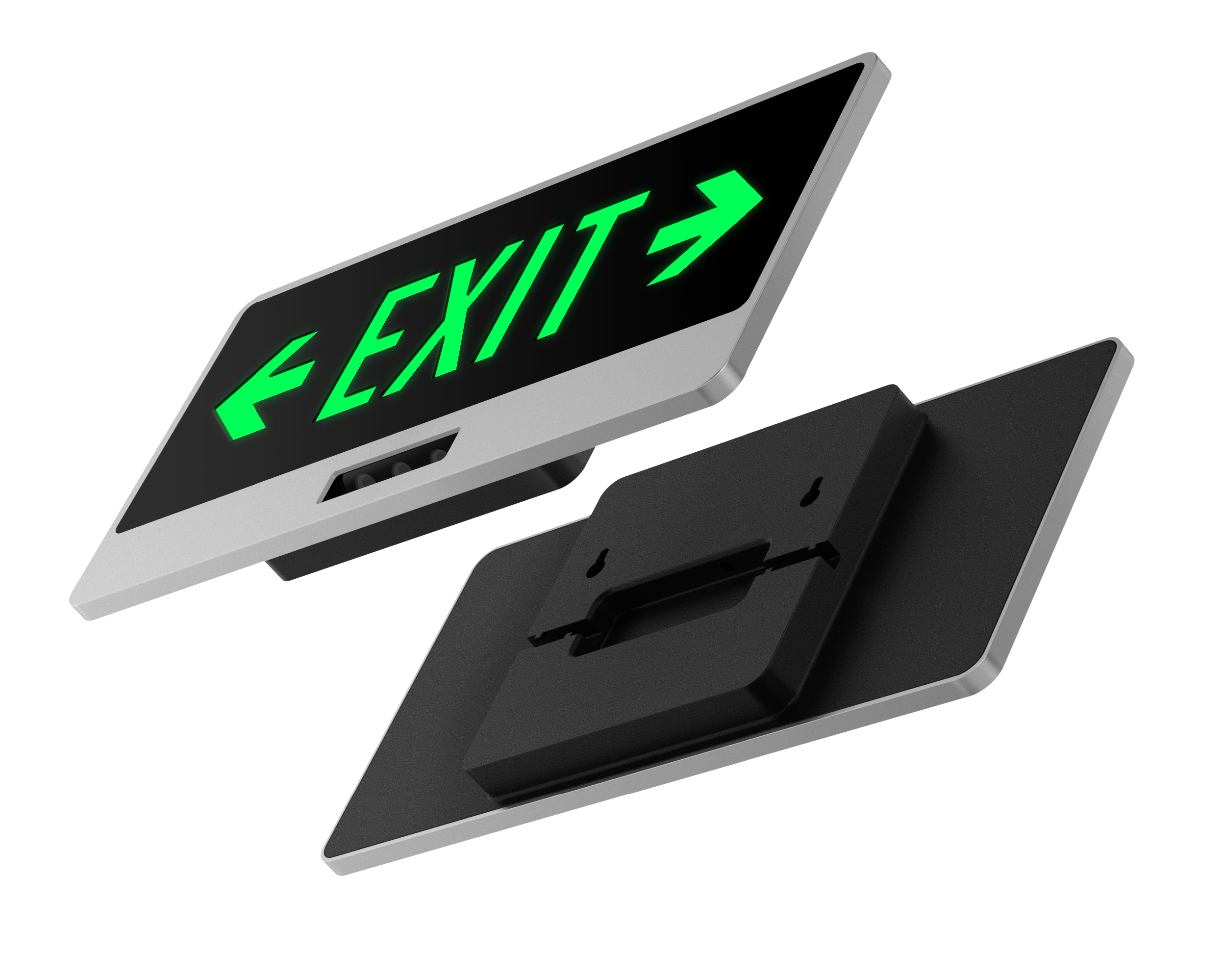 Front and rear product renders showing the exit display and mounting bracket.