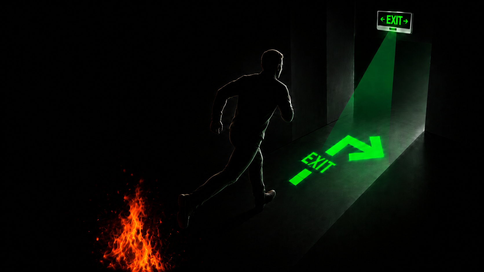 Safeway Guide exit sign projecting a green evacuation direction in a low-light emergency scenario.