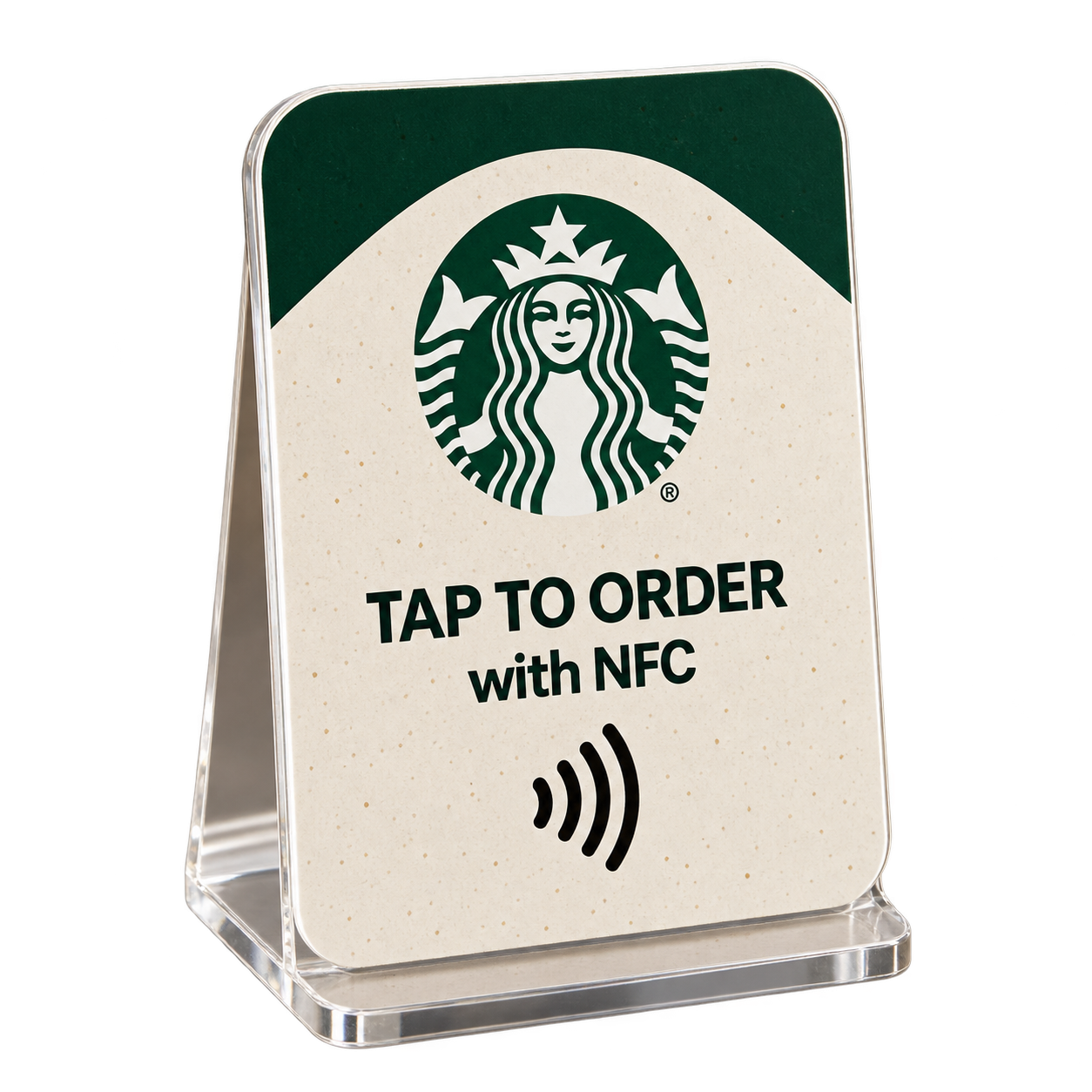 Starbucks NFC sign in a clear acrylic counter stand